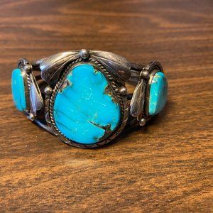 Navajo Signed Vintage 3 Stone Kingman Turquoise & Sterling Silver Bracelet Rare